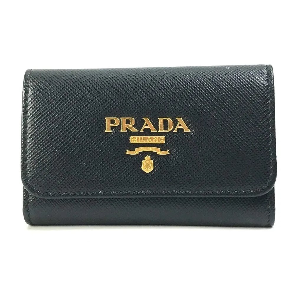 Prada Logo Key Ring 4Ring Key Case Saffiano Leather Black